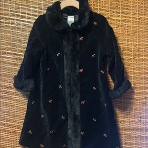 Gymboree Embroidered Black Velvet Coat with Faux Fur Trim sz 2T